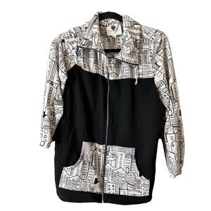 Compli K Womens White Black Streetwear Houses Graphic Print Zip-Up Sweater Sz XL